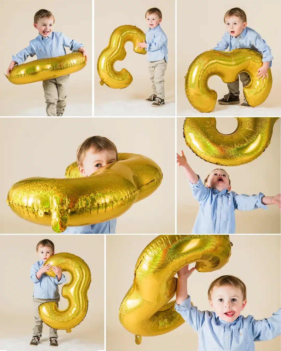 Montage de portraits d’anniversaire avec un ballon doré chiffre trois