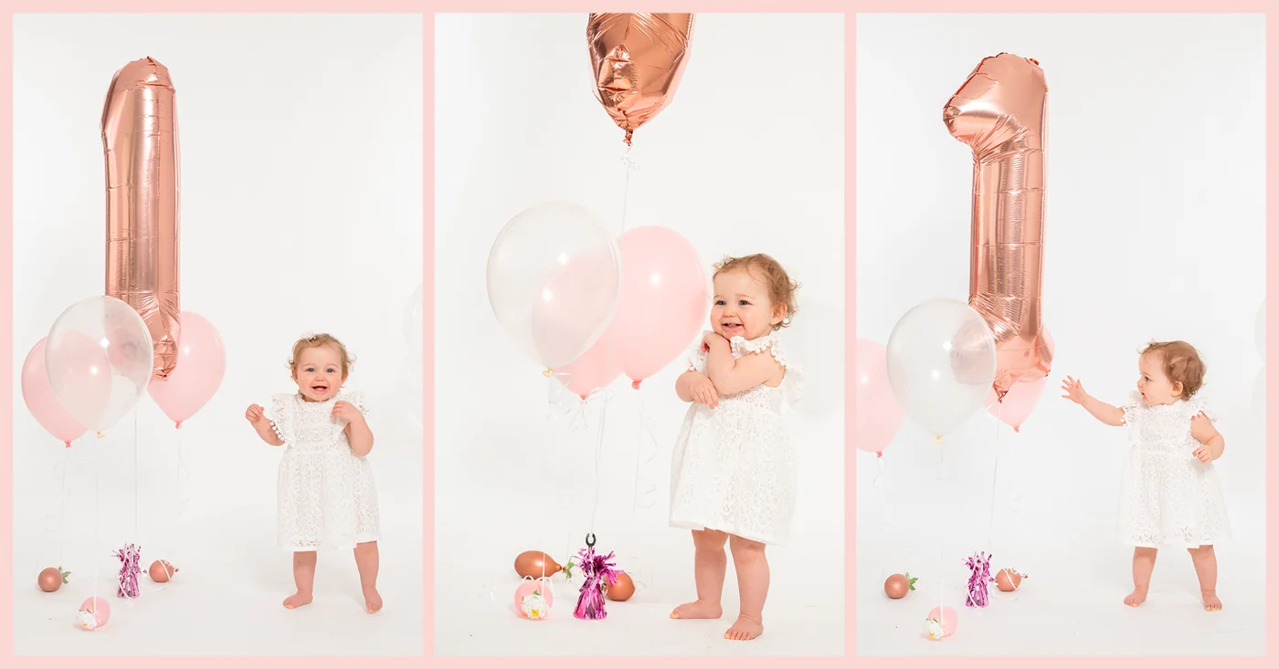 Montage de portraits de premier anniversaire avec des ballons roses